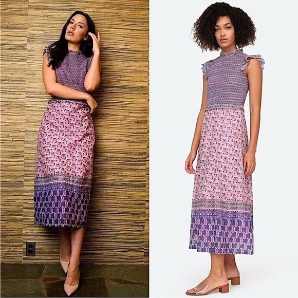 SEA NY Lilac Floral Paisley Stripe Smocked Ruffle Trim Flutter Sleeve Dress 2 - Picture 1 of 14